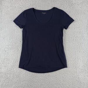 Athleta Womens Navy Blue Scoop Neck Short Sleeve Curved Hem Tee Shirt Size S